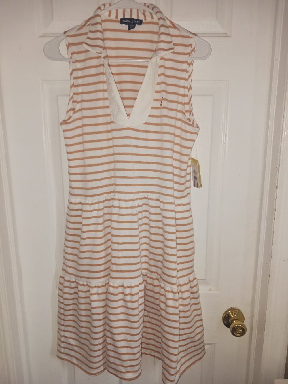 Nautica Women's Sleeveless V-Neck Striped Polo Dress S Tan & Ivory NWT Beach